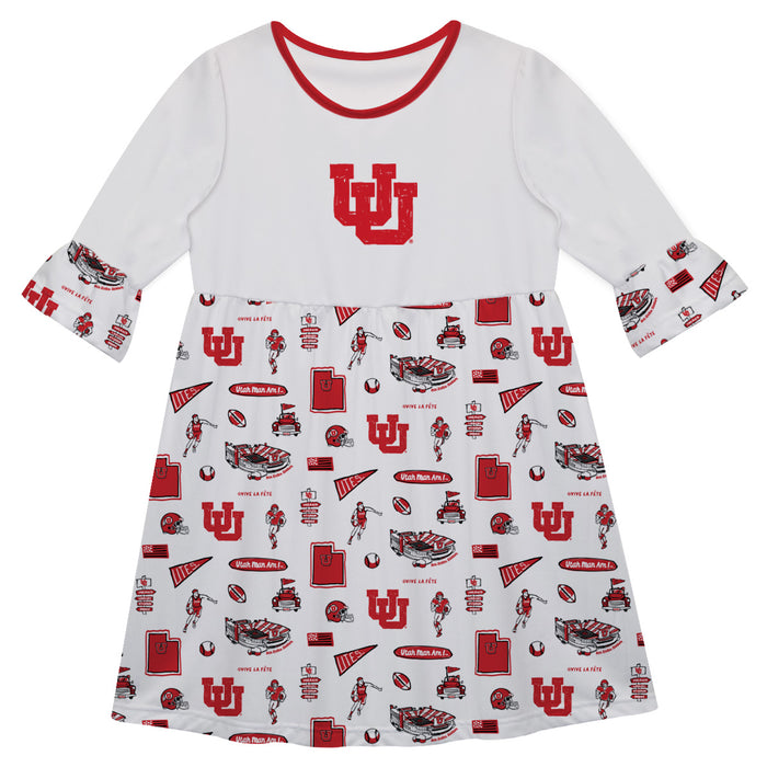 University of Utah Utes 3/4 Sleeve Solid White Repeat Print Hand Sketched Vive La Fete Impressions Artwork on Skirt