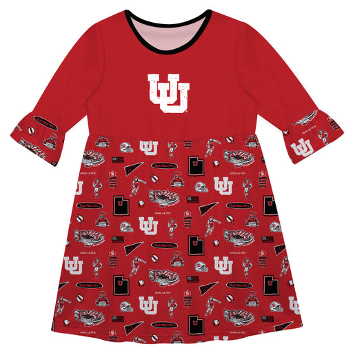 University of Utah Utes 3/4 Sleeve Solid Red Repeat Print Hand Sketched Vive La Fete Impressions Artwork on Skirt