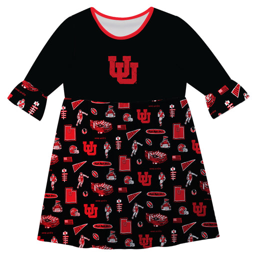 University of Utah Utes 3/4 Sleeve Solid Black Repeat Print Hand Sketched Vive La Fete Impressions Artwork on Skirt