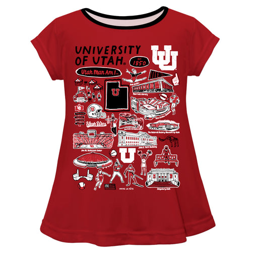 University of Utah Utes Hand Sketched Vive La Fete Impressions Artwork Red Short Sleeve Top