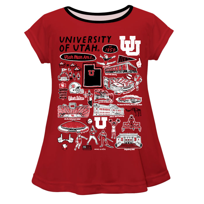 University of Utah Utes Hand Sketched Vive La Fete Impressions Artwork Red Short Sleeve Top