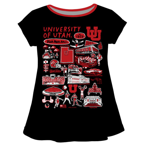 University of Utah Utes Hand Sketched Vive La Fete Impressions Artwork Black Short Sleeve Top