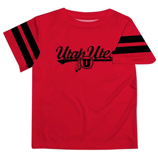 University of Utah Utes Vive La Fete Boys Game Day Red Short Sleeve Tee with Stripes on Sleeves