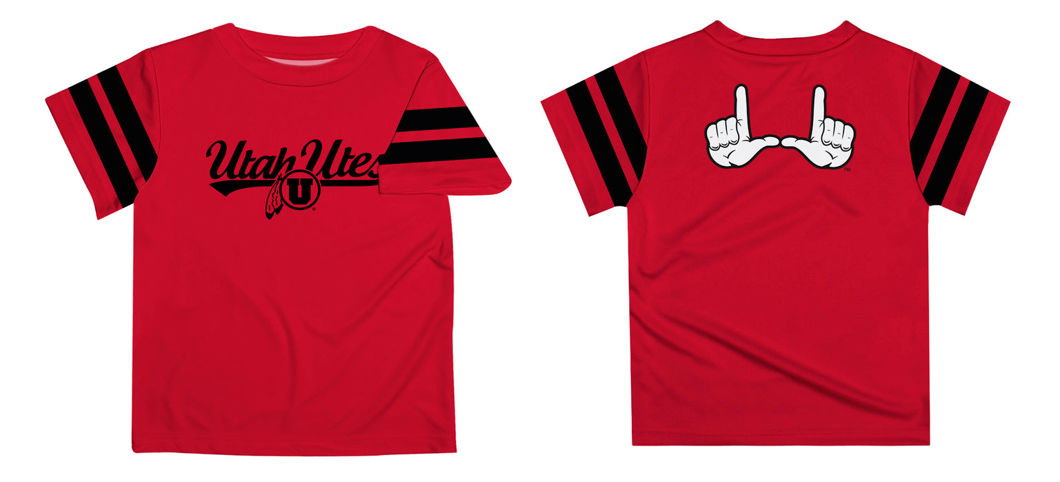 University of Utah Utes Vive La Fete Boys Game Day Red Short Sleeve Tee with Stripes on Sleeves - Vive La Fête - Online Apparel Store