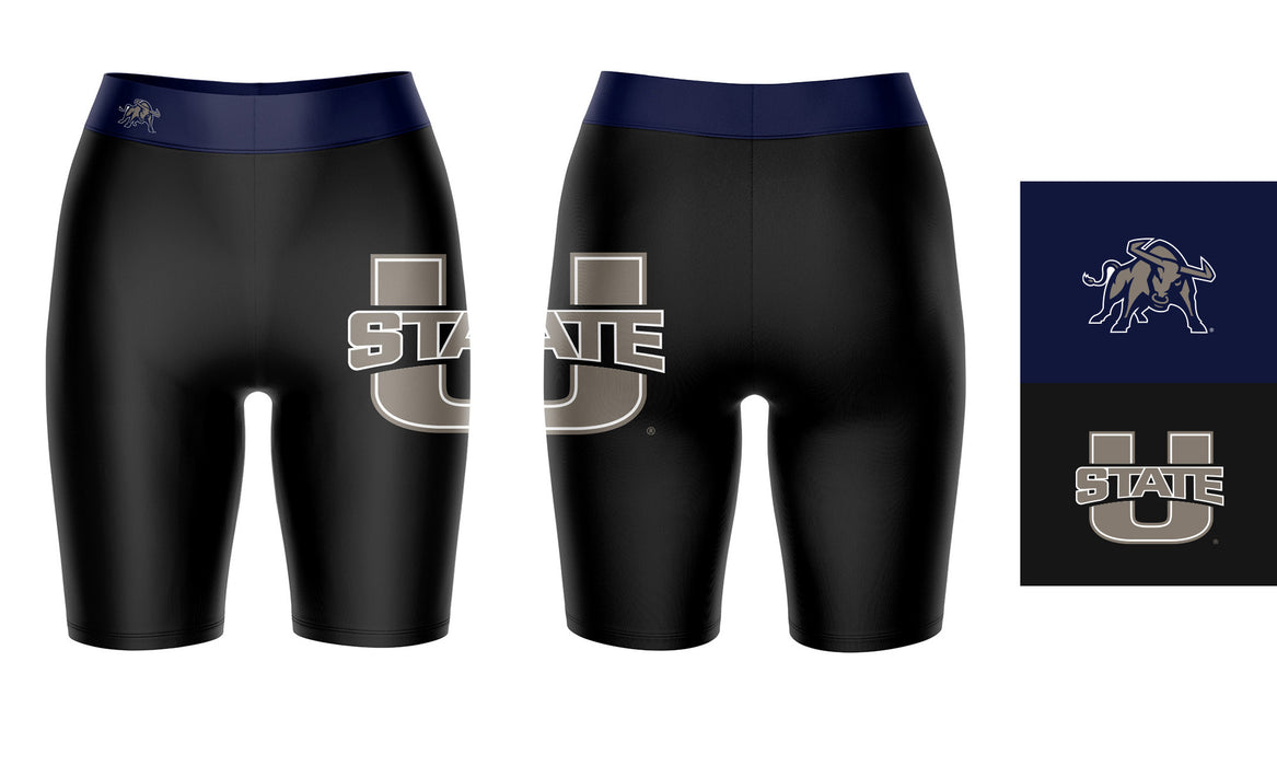 Utah State Aggies Vive La Fete Game Day Logo on Thigh and Waistband Black and Navy Women Bike Short 9 Inseam" - Vive La Fête - Online Apparel Store