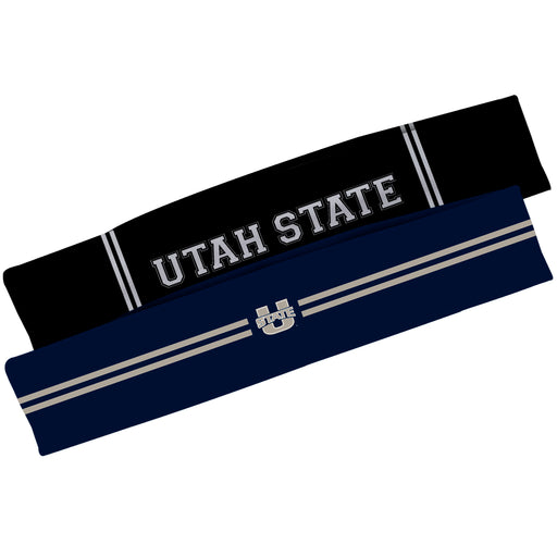Utah State Aggies Vive La Fete Girls Women Game Day Set of 2 Stretch Headbands Headbands Logo Blue and Name Black