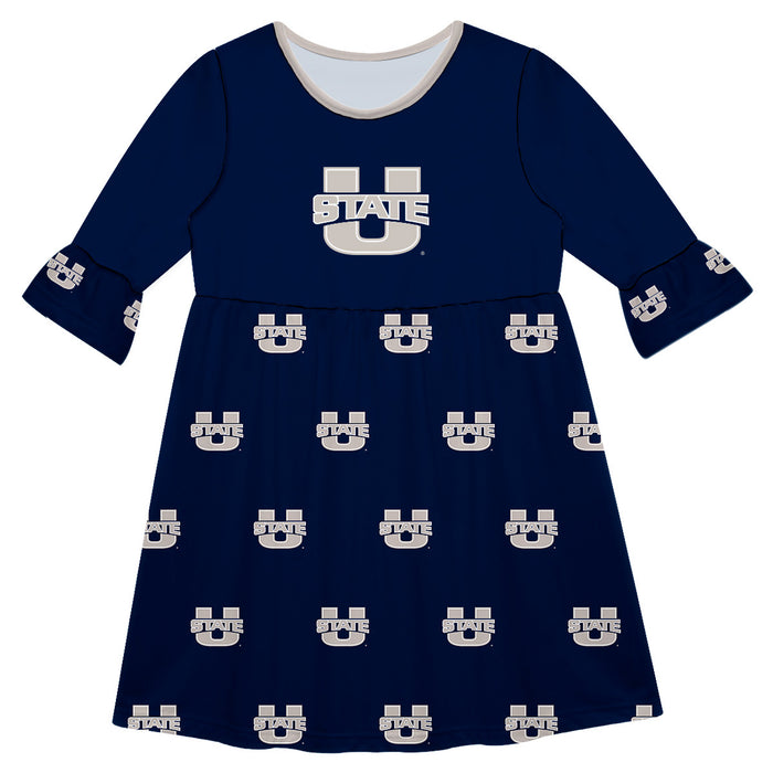 Utah State Aggies USU Vive La Fete Girls Game Day 3/4 Sleeve Solid Blue All Over Logo on Skirt
