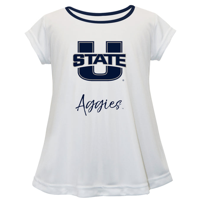 Utah State Aggies Vive La Fete Girls Game Day Short Sleeve White Top with School Logo and Name