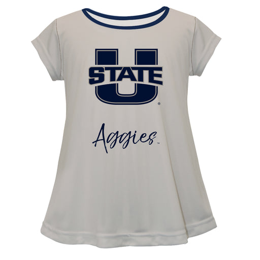 Utah State Aggies Vive La Fete Girls Game Day Short Sleeve Gray Top with School Logo and Name