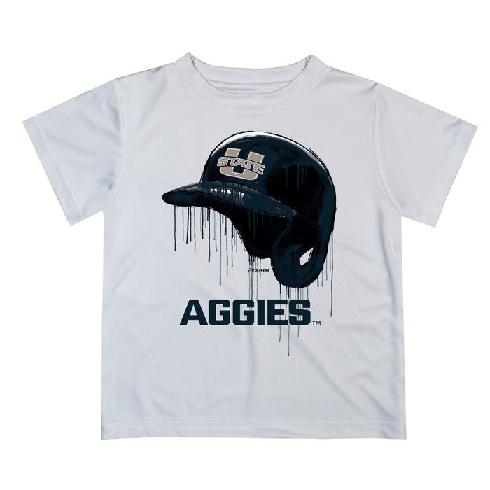 Utah State Aggies Original Dripping Baseball Helmet White T-Shirt by Vive La Fete