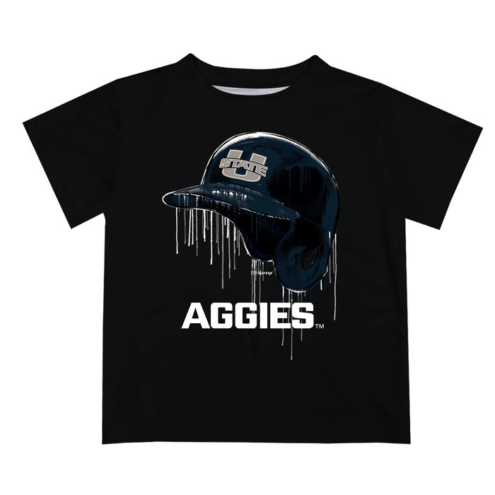 Utah State Aggies Original Dripping Baseball Helmet Black T-Shirt by Vive La Fete
