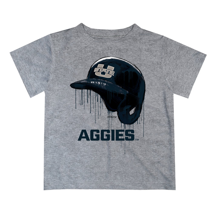Utah State Aggies Original Dripping Baseball Helmet Heather Gray T-Shirt by Vive La Fete
