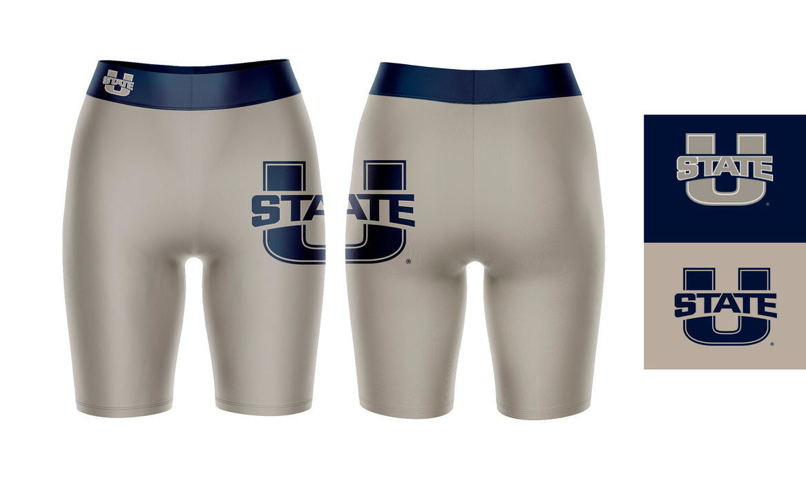 Utah State Aggies Vive La Fete Game Day Logo on Thigh and Waistband Gray and Blue Women Bike Short 9 Inseam - Vive La Fête - Online Apparel Store