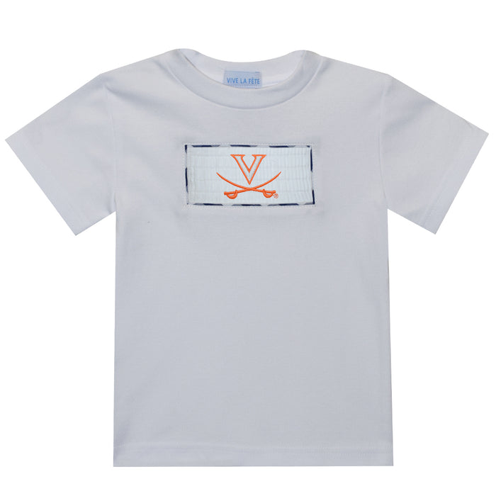Virginia Cavaliers Smocked Embroidered White Knit Tee Shirt Short Sleeve - Vive La Fête - Online Apparel Store