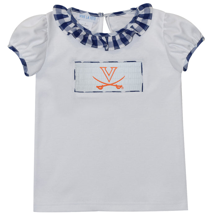 Virginia Cavaliers Smocked Embroidered White Knit Girls Tee Short Sleeve - Vive La Fête - Online Apparel Store