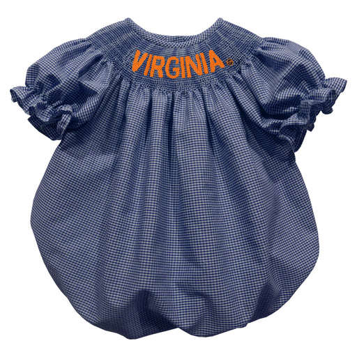 Virginia Cavaliers UVA Smocked Navy Gingham Short Sleeve Girls Bubble