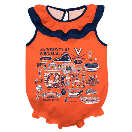 Virginia Cavaliers UVA  Orange Hand Sketched Vive La Fete Impressions Artwork Sleeveless Ruffle Onesie Bodysuit