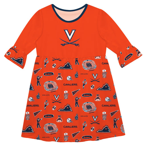 Virginia Cavaliers UVA 3/4 Sleeve Solid Orange Repeat Print Hand Sketched Vive La Fete Impressions Artwork on Skirt