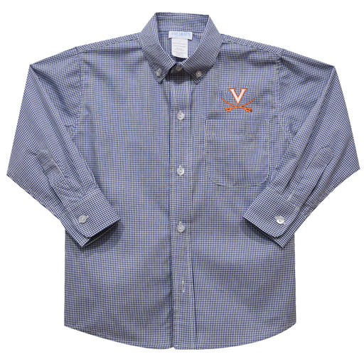 Virginia Cavaliers UVA Embroidered Navy Gingham Long Sleeve Button Down Shirt