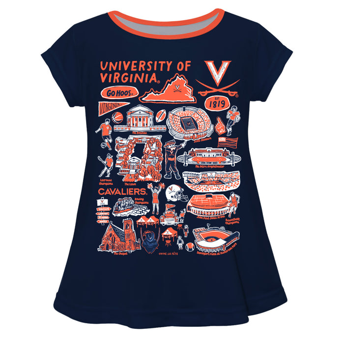 Virginia Cavaliers UVA Hand Sketched Vive La Fete Impressions Artwork Navy Short Sleeve Top
