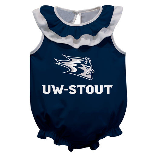 University of Wisconsin Stout Blue Devils UW Navy Sleeveless Ruffle Onesie Logo Bodysuit by Vive La Fete