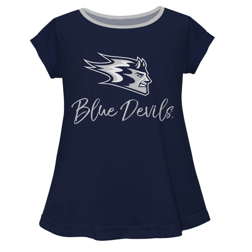 University of Wisconsin Stout Blue Devils UW Vive La Fete Girls Game Day Short Sleeve Navy Top with School Logo and Name