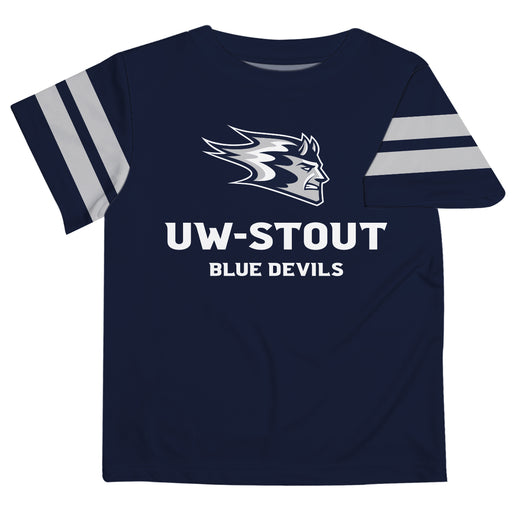 UW Wisconsing Stout Blue Devils Vive La Fete Boys Game Day Navy Short Sleeve Tee with Stripes on Sleeves