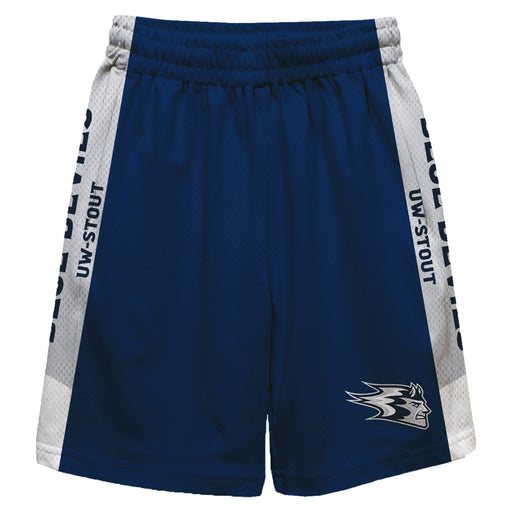 UW Wisconsin Stout Blue Devils Vive La Fete Game Day Blue Stripes Boys Solid Gray Athletic Mesh Short