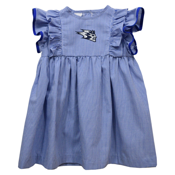 University of Wisconsin Stout Blue Devils UW  Embroidered Royal Gingham Ruffle Dress