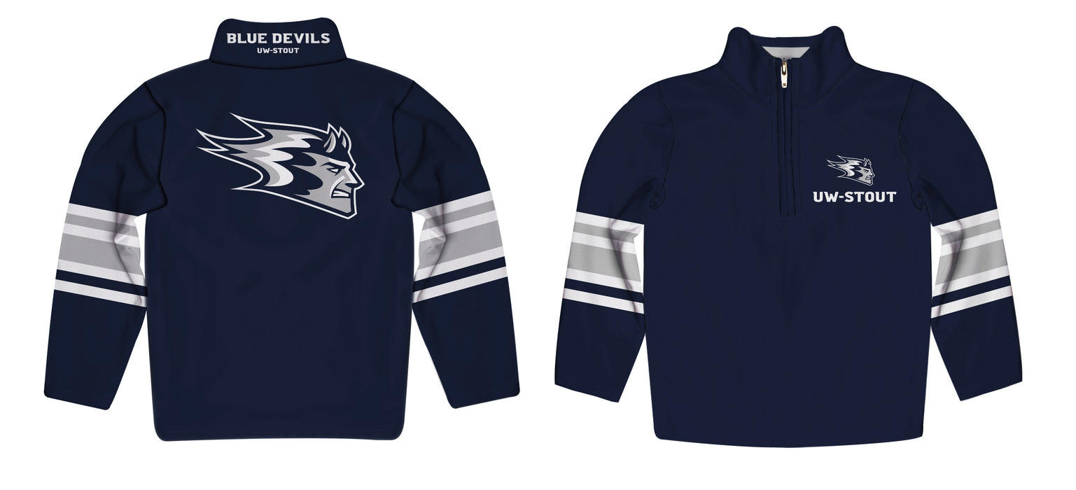 UW Wisconsin Stout Blue Devils Vive La Fete Game Day Navy Quarter Zip Pullover Stripes on Sleeves - Vive La Fête - Online Apparel Store