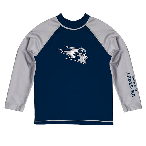 UW Wisconsin Stout Blue Devils Vive La Fete Logo Blue Gray Long Sleeve Raglan Rashguard