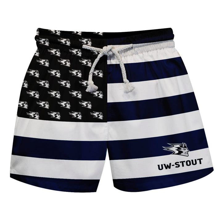 UW Wisconsin Stout Blue Devils Vive La Fete Game Day Blue White Black Flag Swimtrunks V1