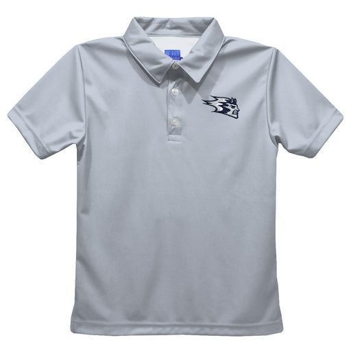 University of Wisconsin Stout Blue Devils UW Embroidered Gray Short Sleeve Polo Box Shirt