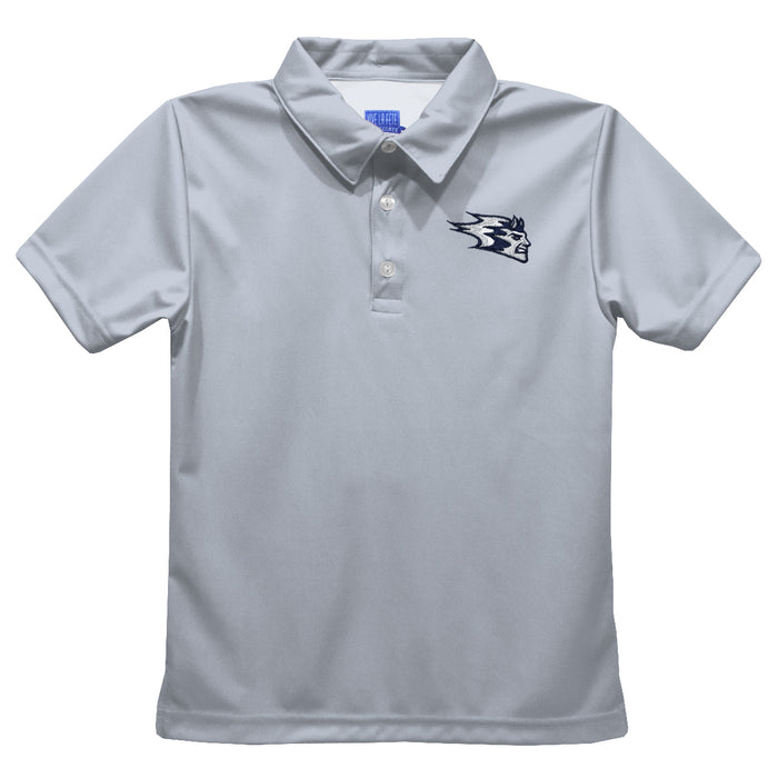 University of Wisconsin Stout Blue Devils UW Embroidered Gray Short Sleeve Polo Box Shirt