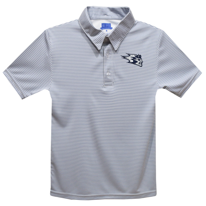 University of Wisconsin Stout Blue Devils UW Embroidered Gray Stripes Short Sleeve Polo Box Shirt