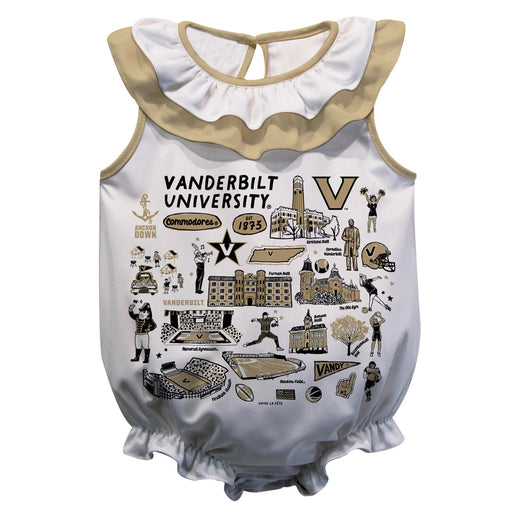 Vanderbilt University Commodores  White Hand Sketched Vive La Fete Impressions Artwork Sleeveless Ruffle Onesie Bodysuit