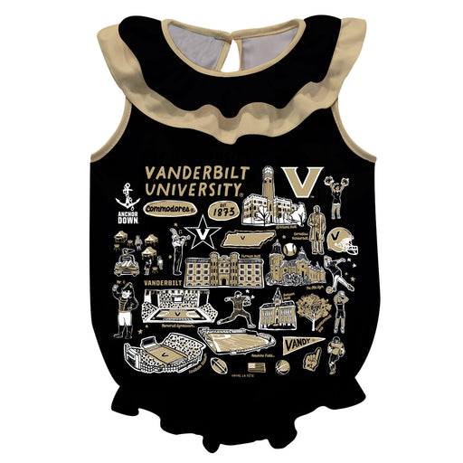 Vanderbilt University Commodores  Black Hand Sketched Vive La Fete Impressions Artwork Sleeveless Ruffle Onesie Bodysuit