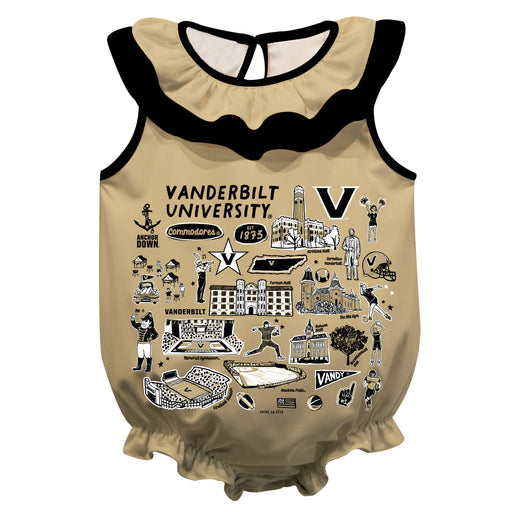 Vanderbilt University Commodores  Gold Hand Sketched Vive La Fete Impressions Artwork Sleeveless Ruffle Onesie Bodysuit