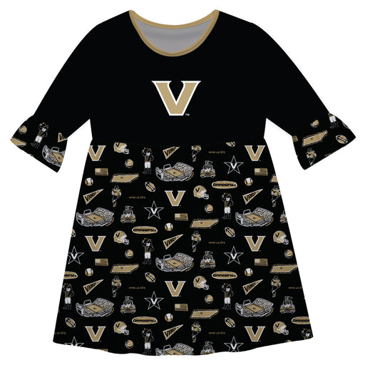Vanderbilt Commodores 3/4 Sleeve Solid Black Repeat Print Hand Sketched Vive La Fete Impressions Artwork on Skirt