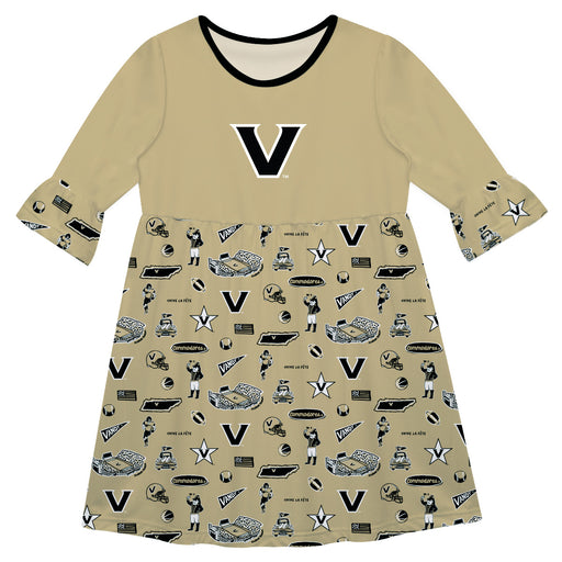 Vanderbilt Commodores 3/4 Sleeve Solid Gold Repeat Print Hand Sketched Vive La Fete Impressions Artwork on Skirt