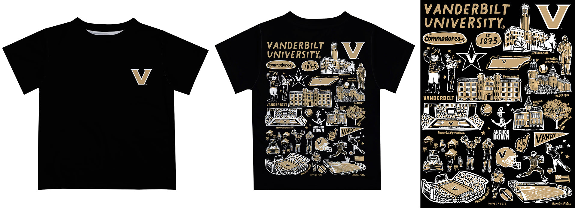 Vanderbilt University Commodores Hand Sketched Vive La Fete Impressions Artwork Boys Gold Short Sleeve Tee Shirt - Vive La Fête - Online Apparel Store
