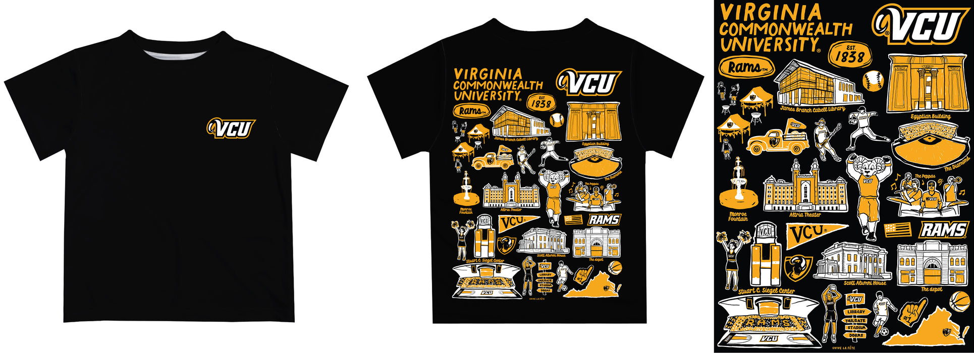 VCU Rams Virginia Commonwealth University Hand Sketched Vive La Fete Impressions Artwork Boys Black Short Sleeve Tee Shirt - Vive La Fête - Online Apparel Store