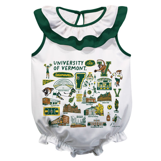 Vermont Catamounts White Hand Sketched Vive La Fete Impressions Artwork Sleeveless Ruffle Onesie Bodysuit