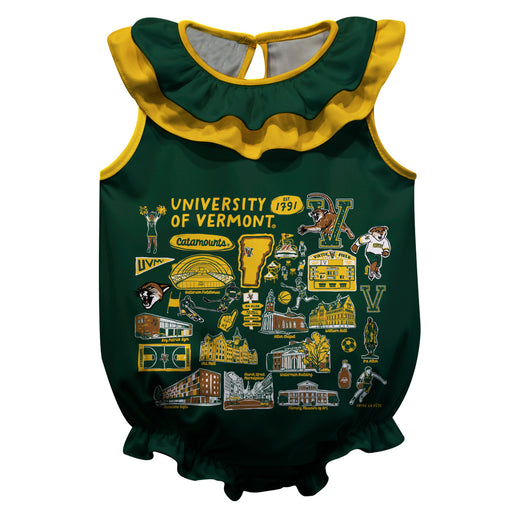 Vermont Catamounts Green Hand Sketched Vive La Fete Impressions Artwork Sleeveless Ruffle Onesie Bodysuit