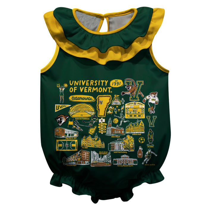 Vermont Catamounts Green Hand Sketched Vive La Fete Impressions Artwork Sleeveless Ruffle Onesie Bodysuit