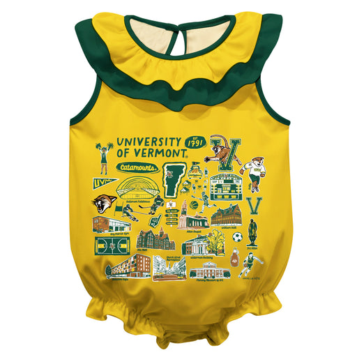 Vermont Catamounts Gold Hand Sketched Vive La Fete Impressions Artwork Sleeveless Ruffle Onesie Bodysuit