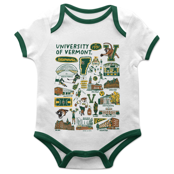 Vermont Catamounts Hand Sketched Vive La Fete Impressions Artwork Infant White Short Sleeve Onesie Bodysuit