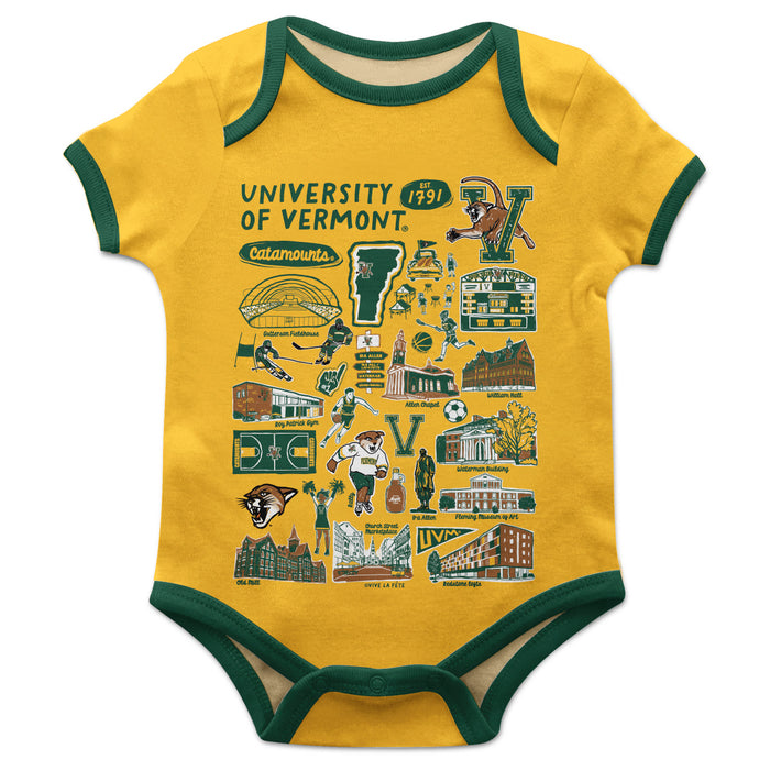 Vermont Catamounts Hand Sketched Vive La Fete Impressions Artwork Infant Gold Short Sleeve Onesie Bodysuit