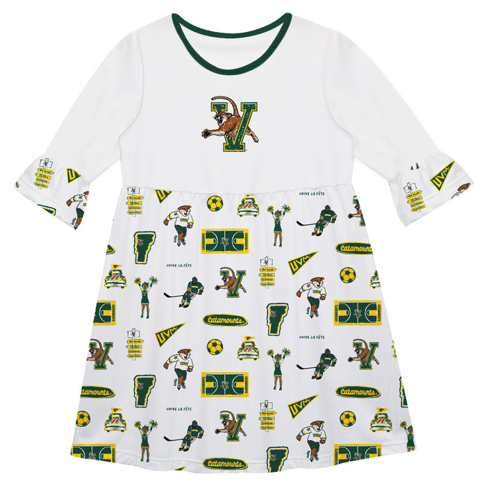 Vermont Catamounts 3/4 Sleeve Solid White Repeat Print Hand Sketched Vive La Fete Impressions Artwork on Skirt