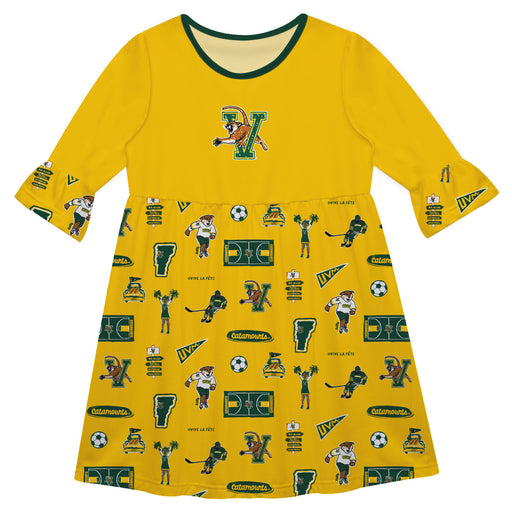 Vermont Catamounts 3/4 Sleeve Solid Gold Repeat Print Hand Sketched Vive La Fete Impressions Artwork on Skirt